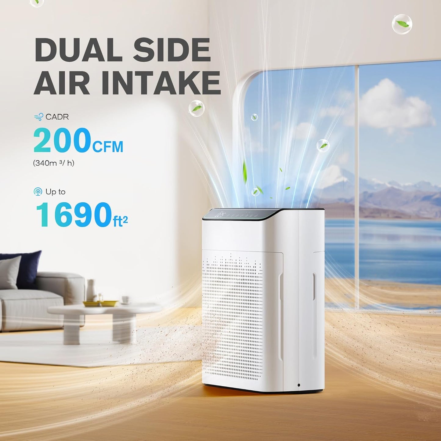 Luchtreiniger met allergieën voor woning, rookkamer, luchtzuiveraar, CADR 340 m³/h voor 157 m³ rookkamer, PM 2,5 luchtkwaliteitsmonitor, wifi- en Alexa-compatibel, 1 verpakking + 4 modi
