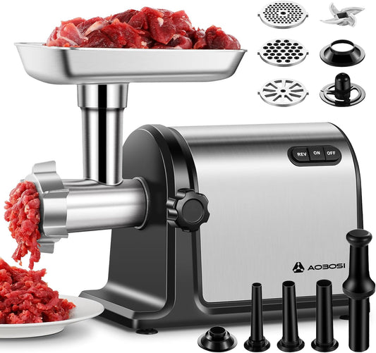 AOBOSI 3-in-1 Electric Meat Grinder with 3 Stainless Steel Grinding Discs, 1 Cub and 3 Sausage Hoses. Caliber 12 and Motor [3000W Max], Professional Electric Meat Grinder with Knives. - QUORE