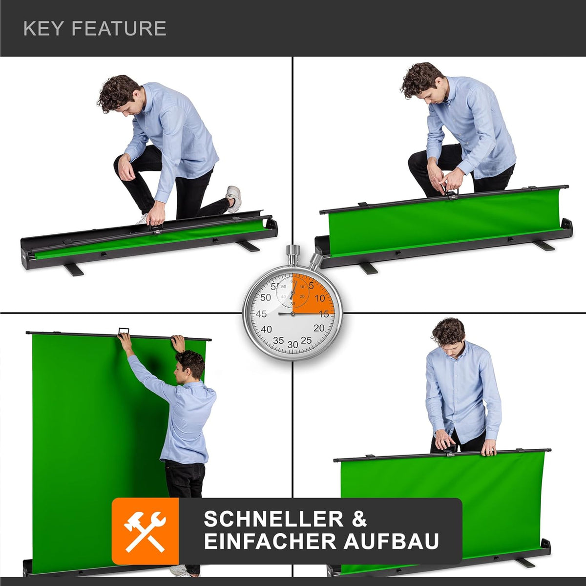 Walimex Pro Roll-Up Panel 165x220 cm green screen met standaard I draagbare, vrijstaande fotoachtergrond voor fotostudio, videochat & streaming I chromakey effect I metalen box voor stabiliteit