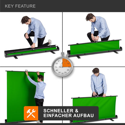 Walimex Pro Roll-Up Panel 165x220 cm green screen met standaard I draagbare, vrijstaande fotoachtergrond voor fotostudio, videochat & streaming I chromakey effect I metalen box voor stabiliteit
