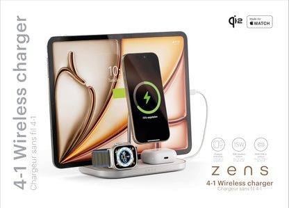 Zens 4-in-1 Wireless Charger, MagSafe en Qi 15W Wireless Charger voor iPhone/Apple Watch/AirPods, Inclusief 65W Voedingsadapter (EU/UK/US) en 1,5M Geïntegreerde Kabel, Wit