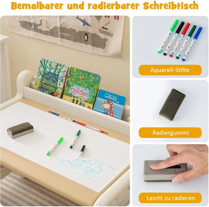 FANTASK Kinderzitgroep met in hoogte en kantelbaar tafelblad, kindertafel met kruk, om te tekenen, leren, spelen en eten, voor kinderen vanaf 3 jaar (bruin)