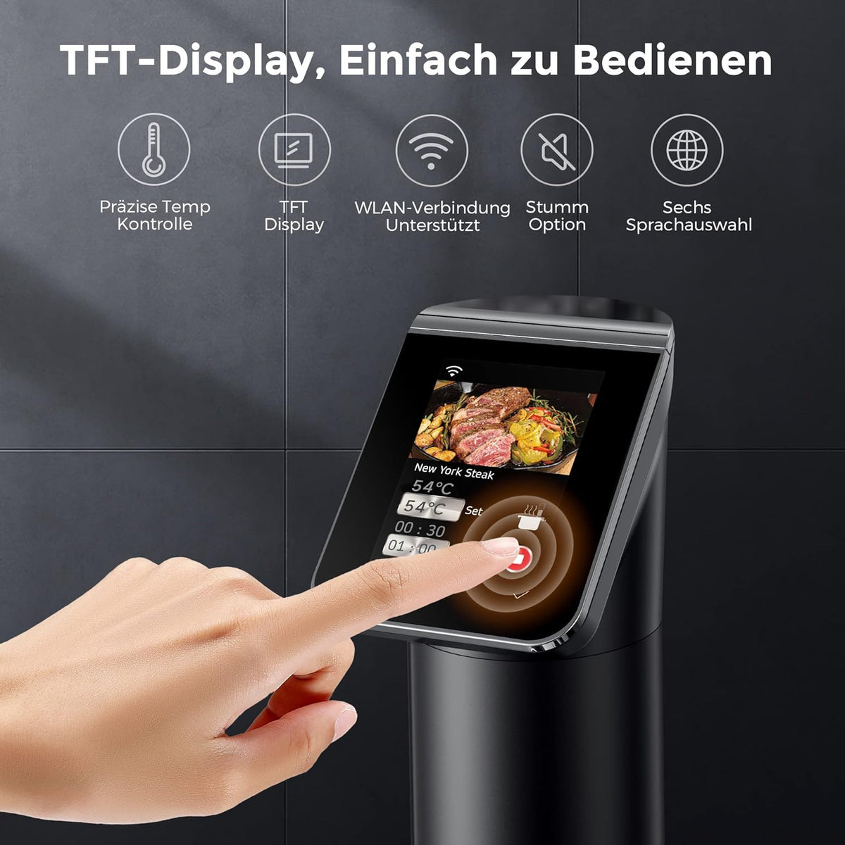 KitchenBoss Sous Vide Garer Stick WLAN: G330 Wifi precisiekooktoestel, nauwkeurige temperatuurinstelling tot 90 graden Celsius, IPX7 waterdicht, TFT, onderdompeling 360 graden circulatie met timer