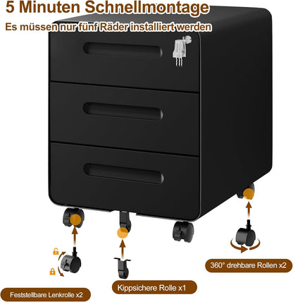 Rollcontainer, mobiele archiefkast, afgeronde hoek, 3 laden, 40 x 46 x 48,6 cm, zwart OFC033B01HI