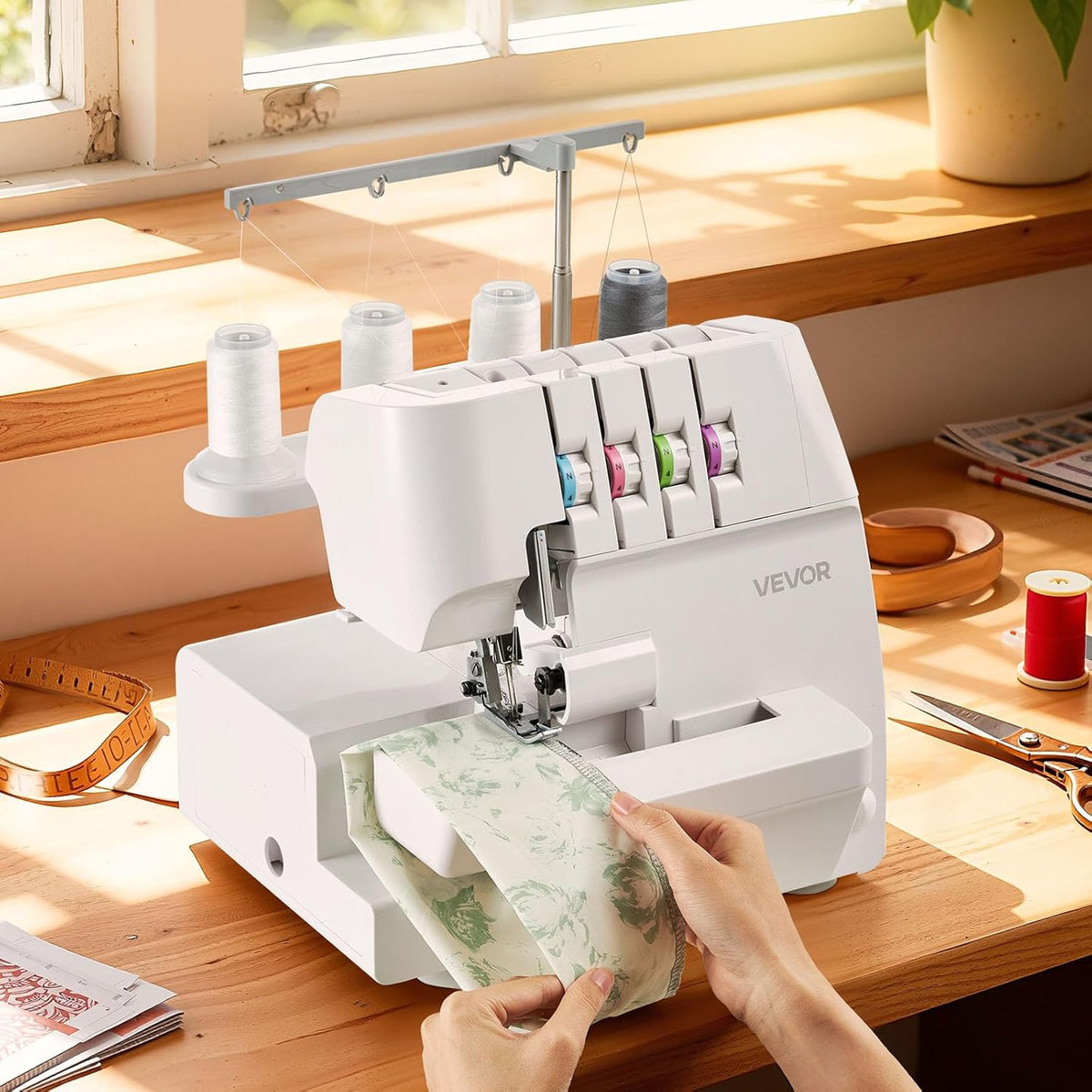 VEVOR Serger Overlock naaimachine, 1250 steken per minuut, 2-3-4 draadvermogen, 0,7-2 instelbare differentiële voeding, met vrije arm en ledlicht, naaimachine voor verschillende stoffen, wit