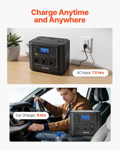 VEVOR Draagbaar powerstation, 1200 W, LifePO4-accu, 806 WH, met 9 uitgangen, voor thuis, camping, reizen in de camper, zonnepaneel niet inbegrepen