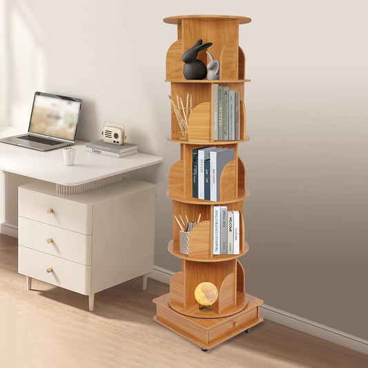 Bookcase, 5-Tier 360° Rotatable, Freestanding, Book Holder with Universal Wheels for Storing a Variety of Books, Magazines, Craft Decorations, CDs etc. (Log Color) - QUORE