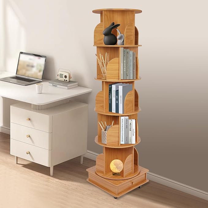 Bookcase, 5-Tier 360° Rotatable Freestanding Book Holder with Universal Wheels for Storing a Large Number of Books, Magazines, Craft Decorations, CDs, Etc. (White) - QUORE