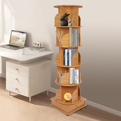 Bookcase, 5-Tier 360° Rotatable Freestanding Book Holder with Universal Wheels for Storing a Large Number of Books, Magazines, Craft Decorations, CDs, Etc. (White) - QUORE