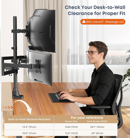 Monitorhouder voor 4-monitoren voor 49 inch ultrawide-schermen boven en 3 x 27 inch schermen op onderste houders, in hoogte verstelbaar, VESA 75/100, zwart