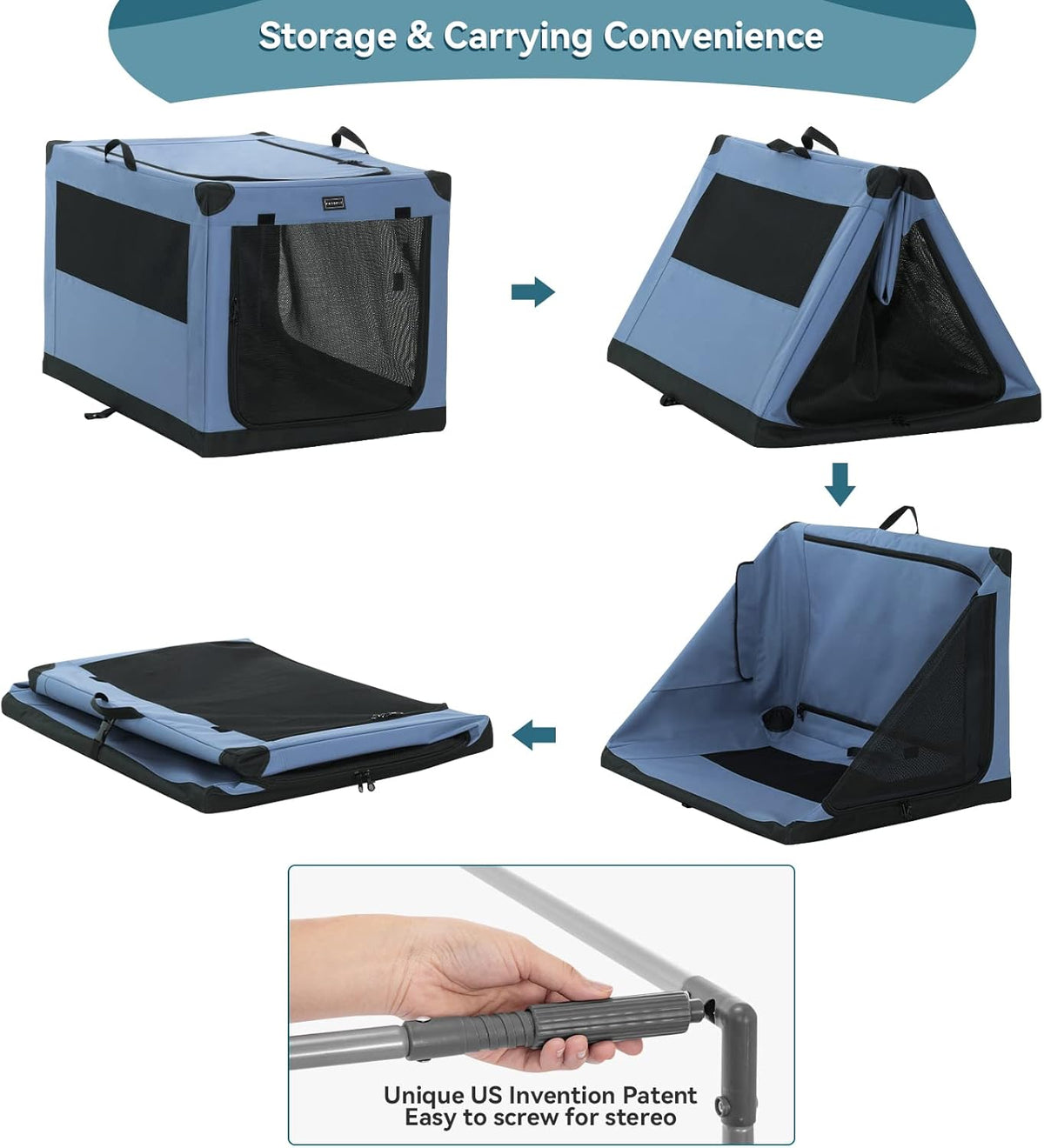 Petsfit Opvouwbare hondenbox, hondenbench voor thuis, verstelbare stoffen hoes met spiraalijzeren buis, hondenkrat, stof, grote honden, 3 deurdesign, eenvoudig transport, makkelijk opbergen, XL, blauw