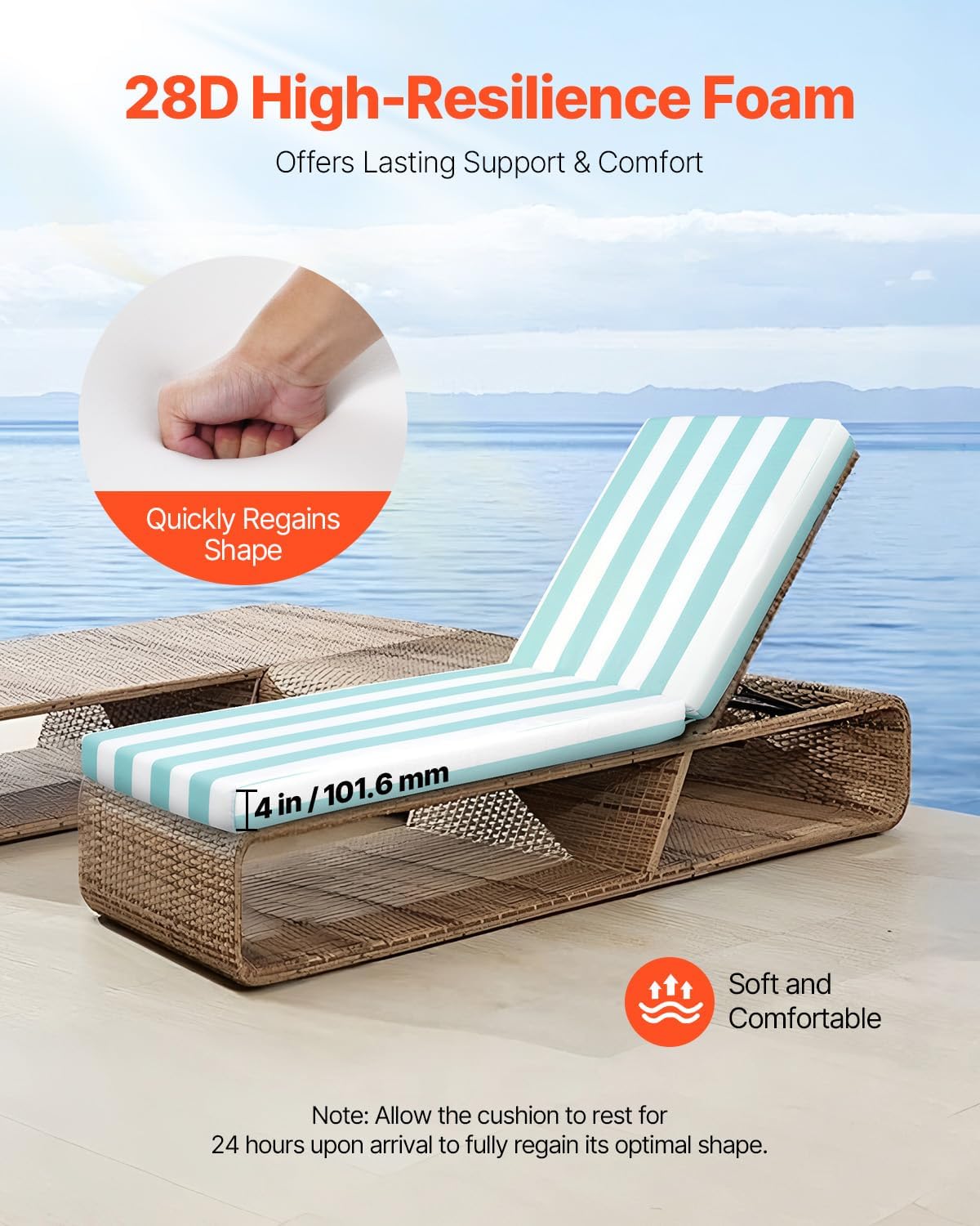 Loungekussen Voor Ligstoelen – Tuinkussen – Ligstoelkussen – Strandkussen – Tuinmeubelkussen – Waterafstotend en Lichtbestendig – Verstelbare Riemen en Antislipkoord – Set Van 2 – 2032 X 660 X 98 MM
