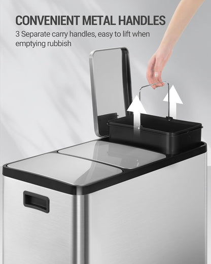 Hzuaneri Garbage Separation System for Kitchen, 3 Compartments, 45 L (3 x 15 L), Stainless Steel Kitchen Waste Bin, Pedal Bin with Colour-Codable Pedals, Waste Bin, Quiet Slow Descent, Silver