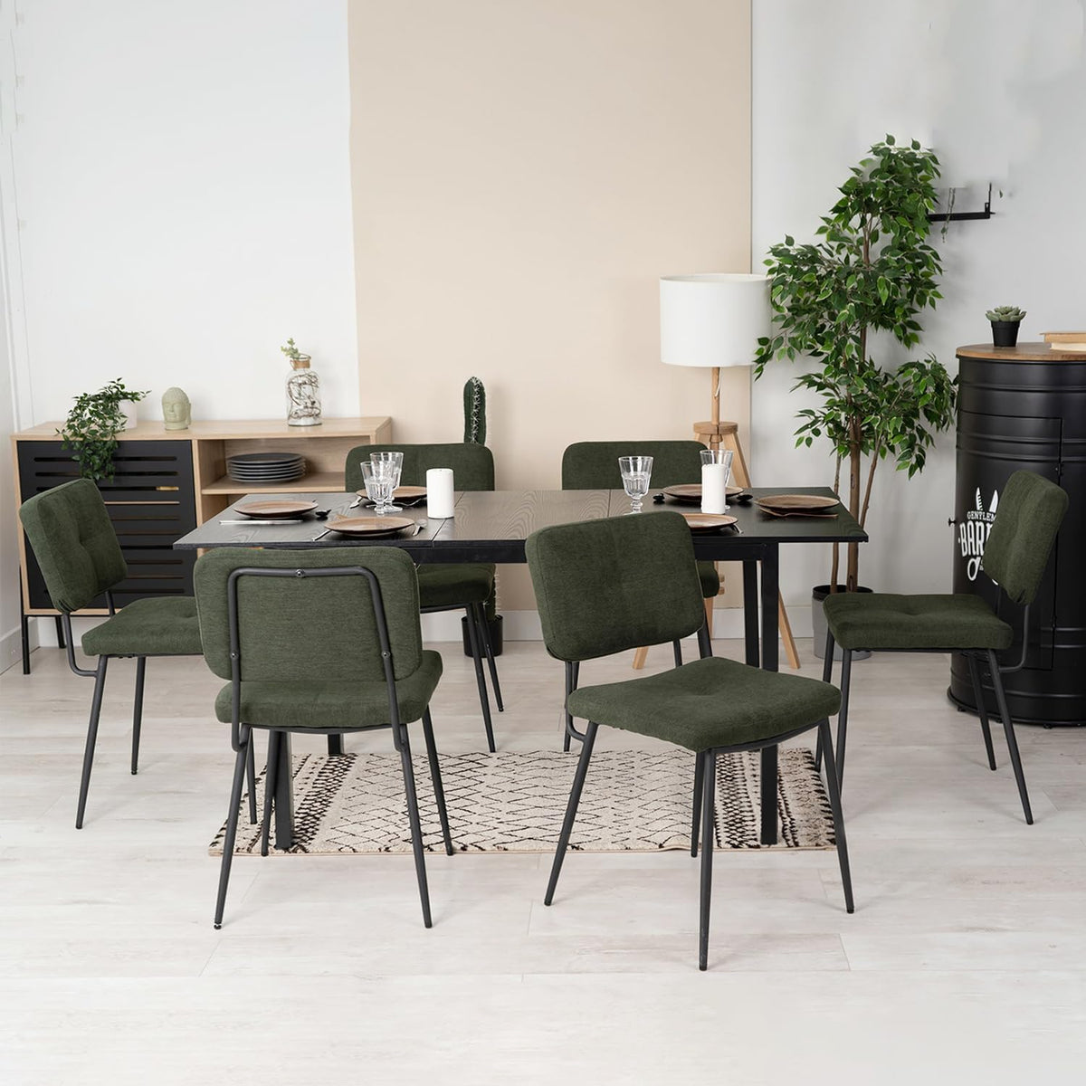 MEUBLE COSY Eetkamerstoelen, set van 2 retro keukenstoelen, ergonomische woonkamerstoel, bureaustoel met rugleuning, zitting van stof, metalen poten, groen, 59,5x45x82cm