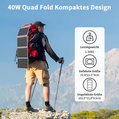 Opvouwbaar zonnepaneel, 40 W, 19 V, draagbare oplader op zonne-energie met USB C, USB A en DC-uitgangen, mini-oplader in boekgrootte voor iPhone, iPad, powerbank, camping, wandelen, outdoor