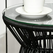 Tuintafel - Tuintafel Rond - Bijzettafeltje - Rattenbijzettafel - Bistrotafel, Salontafel - met Glazen Tafelblad - Boho-Stijl - voor Terras - Tuin - Ø40 x 42 cm - Zwart