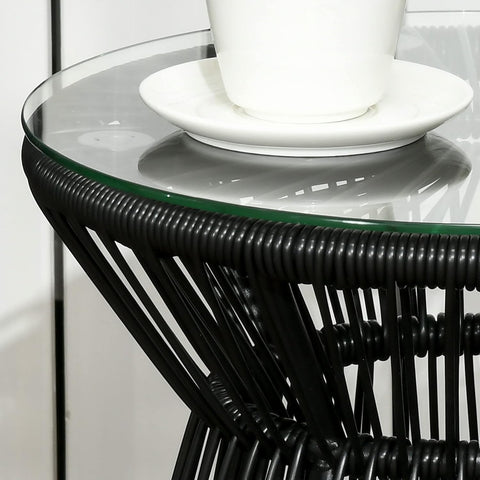 Tuintafel - Tuintafel Rond - Bijzettafeltje - Rattenbijzettafel - Bistrotafel, Salontafel - met Glazen Tafelblad - Boho-Stijl - voor Terras - Tuin - Ø40 x 42 cm - Zwart