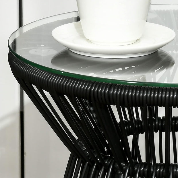 Tuintafel - Tuintafel Rond - Bijzettafeltje - Rattenbijzettafel - Bistrotafel, Salontafel - met Glazen Tafelblad - Boho-Stijl - voor Terras - Tuin - Ø40 x 42 cm - Zwart