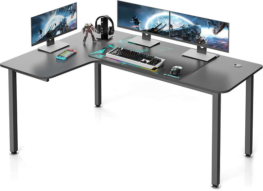 Eureka Ergonomisch L-vormig gaming-bureau, 155 x 110 cm hoekbureau. Grote pc-gaming-tafel met kabelbeheersysteem en muismat voor thuiskantoor. Zwart, links