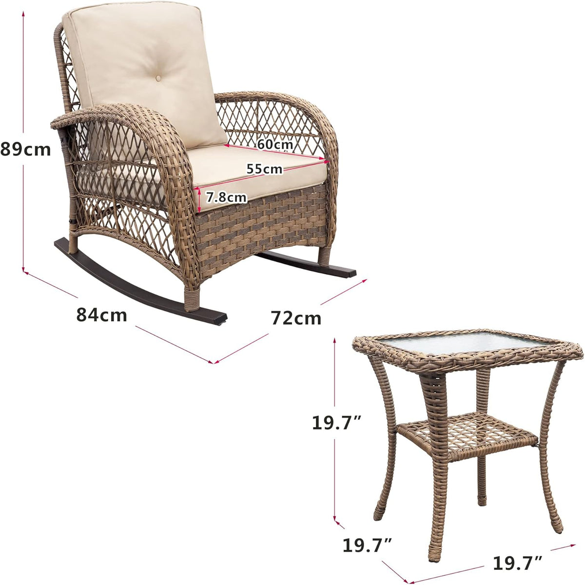 ATR ARTTOREAL 3-delige tuinschommelbistroset, terrasrotan gespreksmeubelset met PE-hars handgeweven rieten, set van 2 schommelstoelen en getemperde glazen salontafel voor achtertuin, veranda