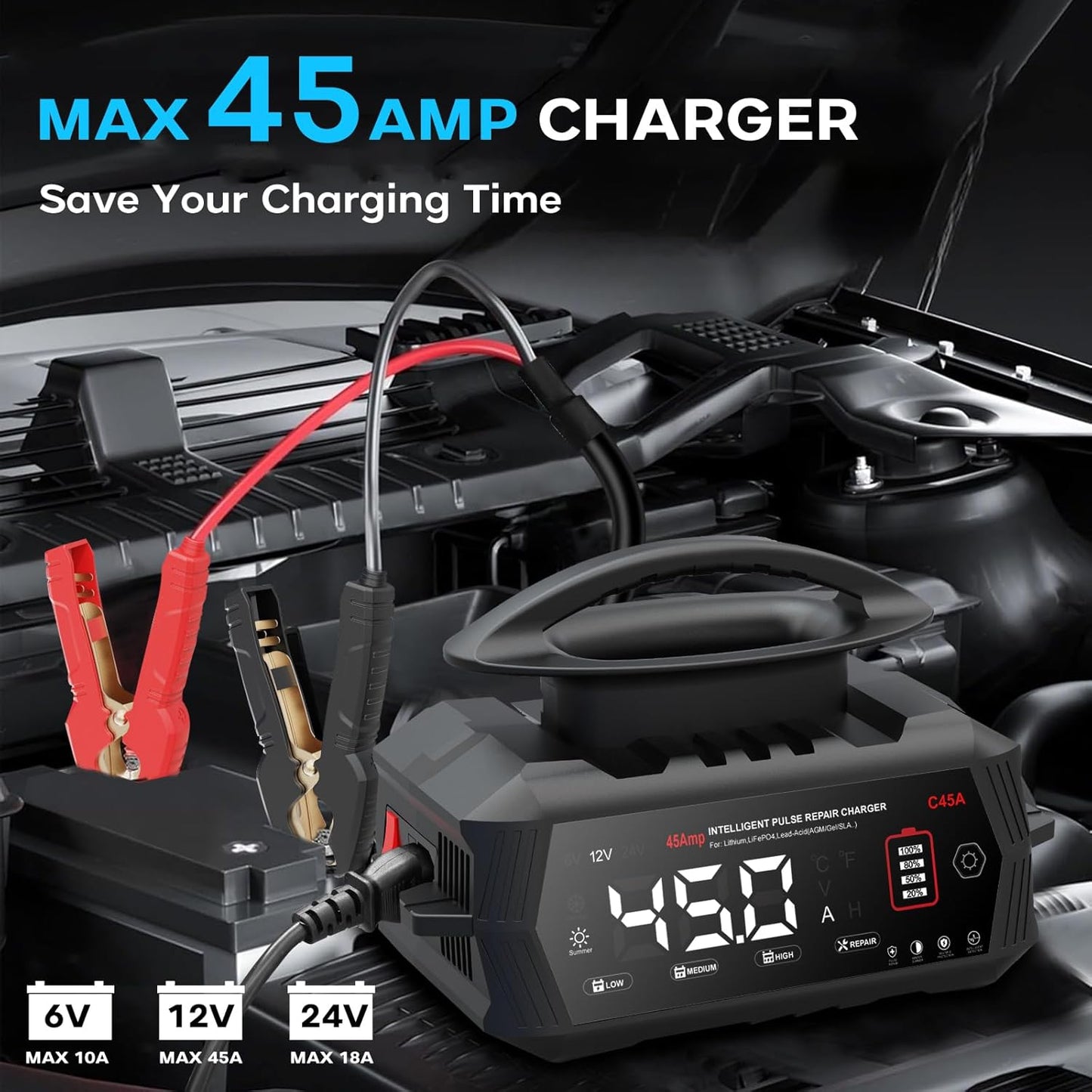 LiFePO4 Autoacculader – Acculader – Batterijlader – Oplader – Voertuiglader – 45 A Laadstroom – Automatische Seizoensaanpassing