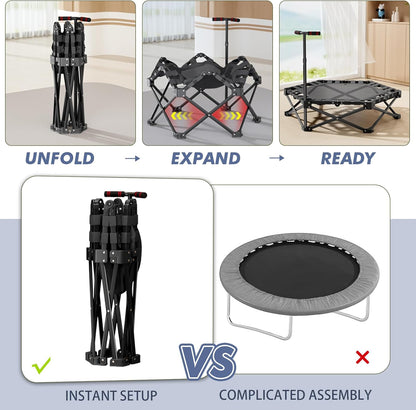 42" Fitness Trampoline met verstelbare handgreep One-Click Folding & Geen Montage Mini Trampoline Rebounder voor Volwassenen Binnen & Outdoor Max Belasting 300 KG