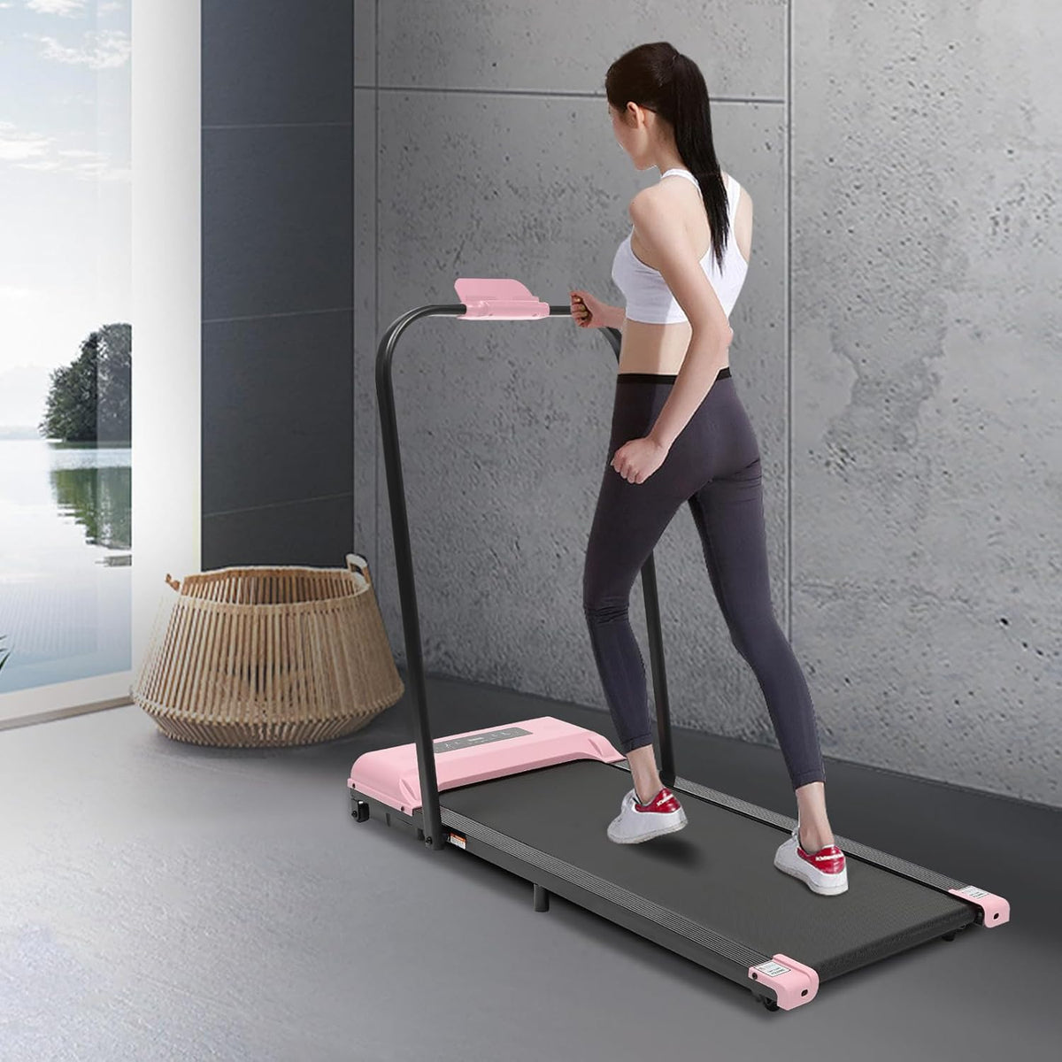 Intelligent Walking Path, Undertable Treadmill with Handle and LED Display, Surface 0.6 m², Foldable, 1-6 km/h Treadmill, Electric Training Device for Home, Office, Pink - QUORE