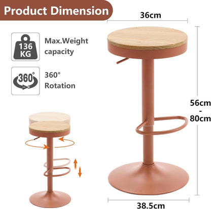YOUNIKE Barkruk, set van 2, hout, in hoogte verstelbaar, draaibaar, barkruk, keukenkruk, hoogte barstoelen met voetensteun, voor bar, keuken, draaikruk van massief metaal, terracotta