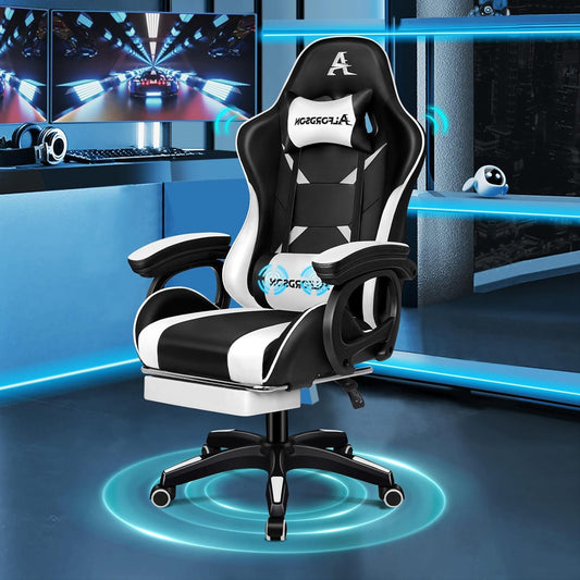 ALFORDSON Gaming Chair, Office Chair, Gaming Chair, with 2-Point Massage, Footrest, Headrest and Lumbar Cushion, 150° Adjustable Backrest, PU Leather, White Chair - QUORE