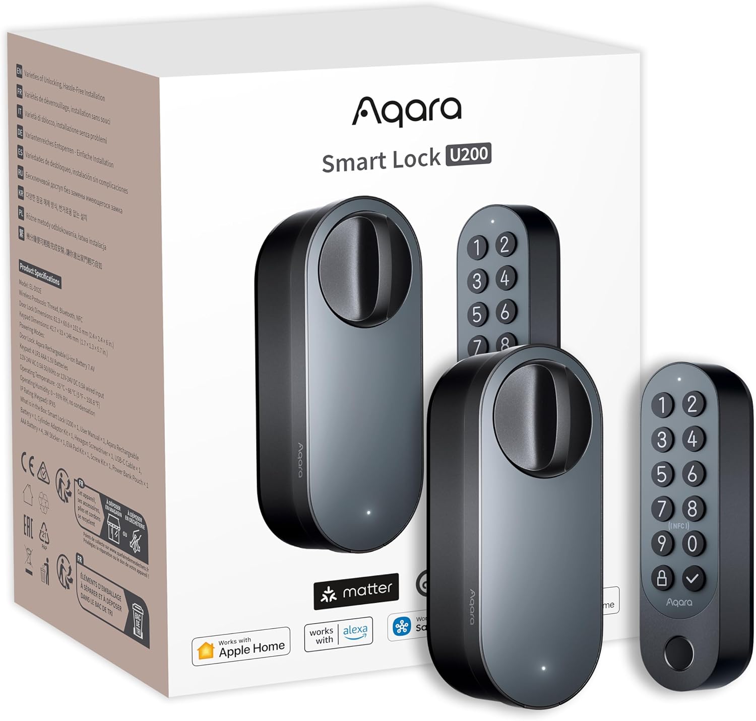 Aqara Smart Lock U200 (Includes Fingerprint Keyboard), Matter over Thread, Smart Door Lock with Apple Home Key and Rechargeable Battery, Supports Homekit, Google Home, Alexa and SmartThings, Black - QUORE