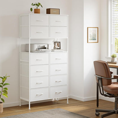 Ladekast met 12 laden, Opbergkist met Open Middenontwerp, Hoge Ladekast voor Slaapkamer, Stoffen Dressoir, Metalen Frame, Wit