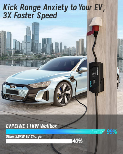Elektrische autolader 11 kW [8 m | driefasig | 6-16 A | 380 V] type 2 CEE-stekker, EV-oplader, mobiel laadstation voor type 2 EVs, instelbare oplaadtijd [0-12 uur], IP65