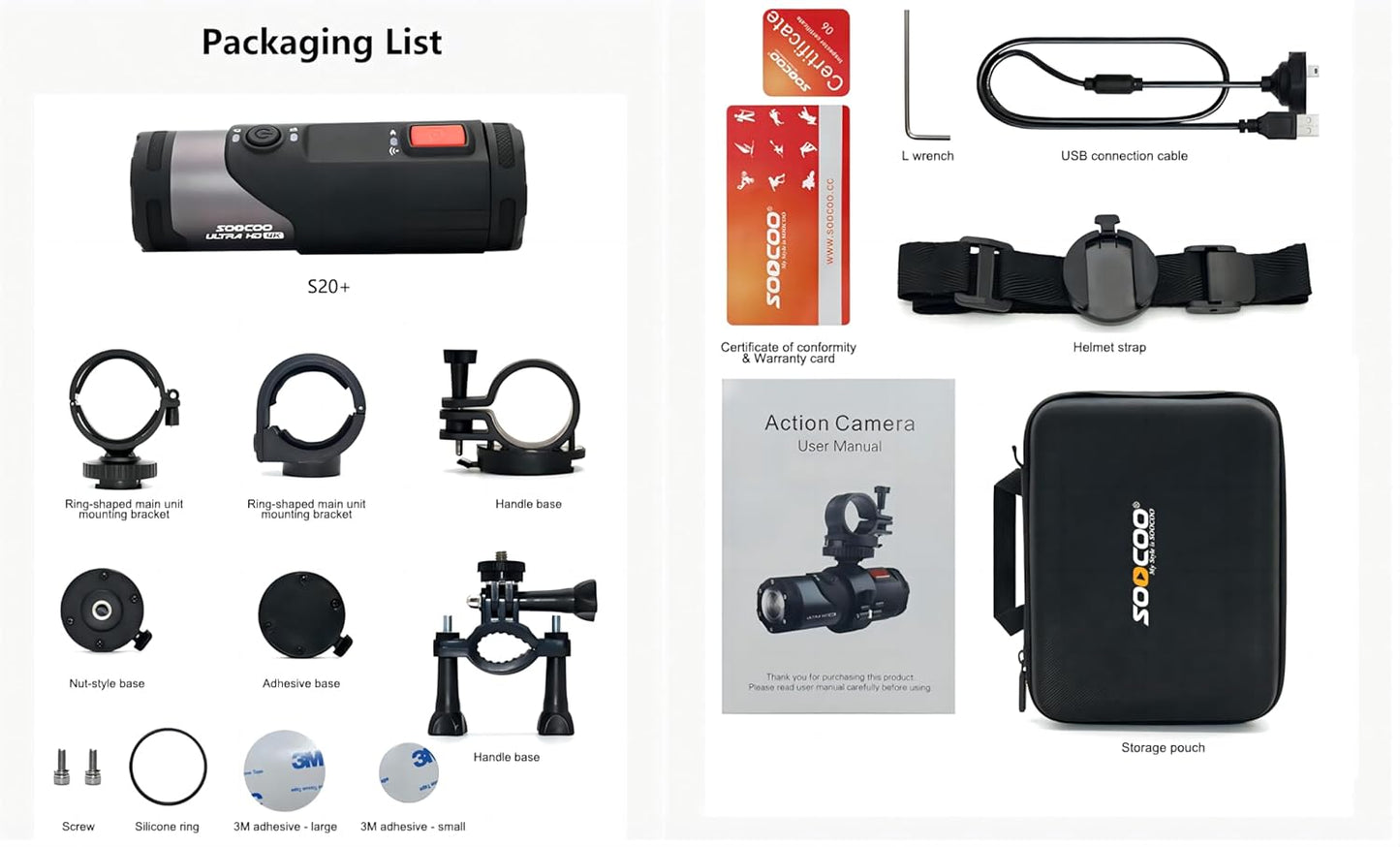 S20+ 4K 30FPS 16MP Actiecamera, Sport Actiecamera, Helmcamera, Mini HD Actie Videocamera, HD Filmen WiFi Sport Cam 10M Waterdicht 170° Groothoek