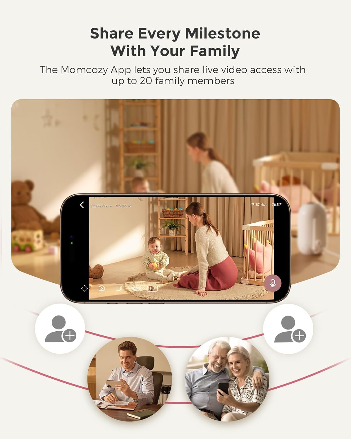 Momcozy BM04 Babyfoon met camera-app, 5 inch wifi-video-babyfoon met camera en audio, 4 x zoom, bewegings- en wijnidentificatie, veilig hek, helder nachtzicht, 2-weg gesprek, foto- en video-opname
