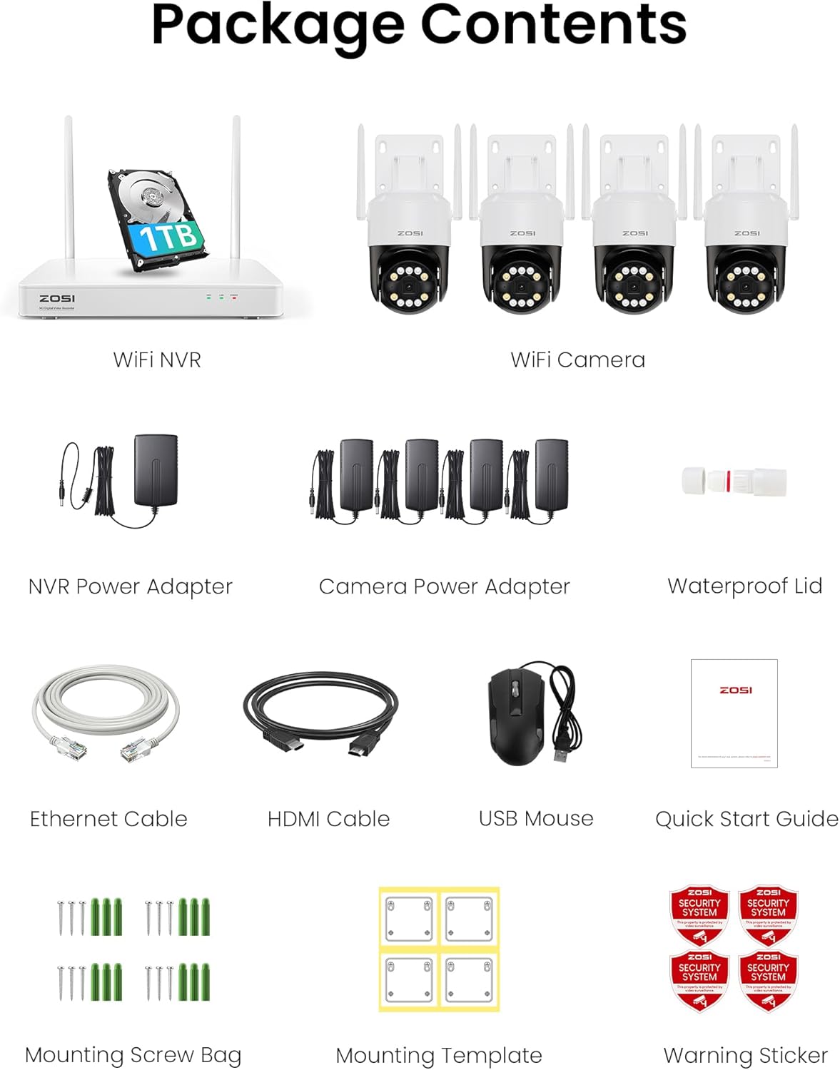 ZOSI 4K WiFi 6 buiten bewakingscamera set, 8MP NVR met 1TB HDD, 4X 360° WLAN camera met persoons- en voertuigdetectie, kleuren nachtzicht, C296B