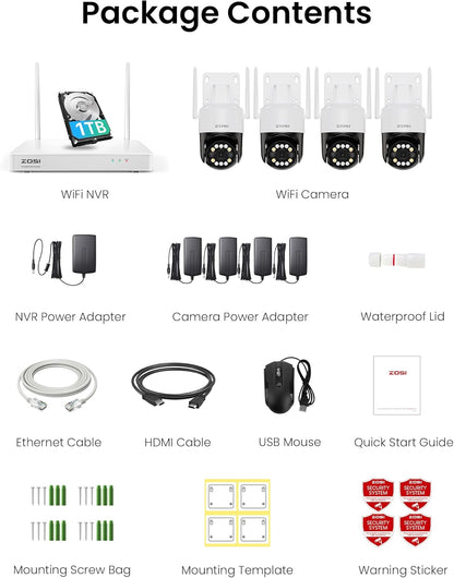ZOSI 4K WiFi 6 buiten bewakingscamera set, 8MP NVR met 1TB HDD, 4X 360° WLAN camera met persoons- en voertuigdetectie, kleuren nachtzicht, C296B