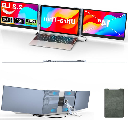 Draagbare Monitor – Portable Scherm – Extern Display – Extra Laptop Scherm – Triple 14 Inch Full HD – Ultra Dun 0,17 Inch – Lichtgewicht 1 Kg