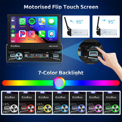 【2+64G】Podofo Android-autoradio 1Din met 7'' touchscreen Automatisch scherm Draadloos Carplay/Android Auto Bluetooth 5.1 FM/RDS 2USB/MIC/Type c/AUX/Stuurbediening met AHD achteruitrijcamera