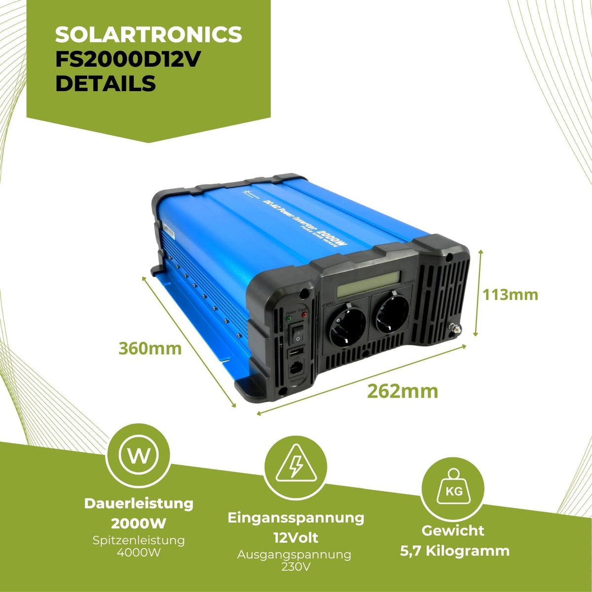solartronics Spanningsomvormer FS2000D 12V 2000/4000 Watt Pure Sinus BLAUW m. Display FS Serie LiFePO4 / lithium, lood-, gel of AGM-batterij compatibel inverter omvormer