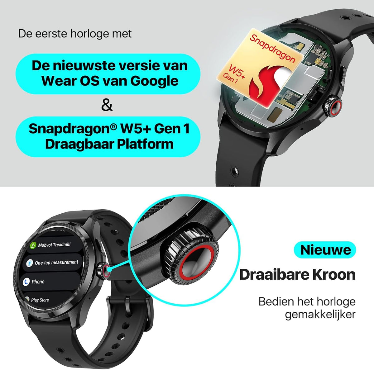 TicwatchPro 5 Android Smartwatch voor heren Snapdragon W5+ Gen 1 Platform Wear OS Smart Watch 80 uur batterijduur Gezondheid Fitness Tracking Ingebouwde GPS 5ATM Waterbestendigheid Kompas Eén maat