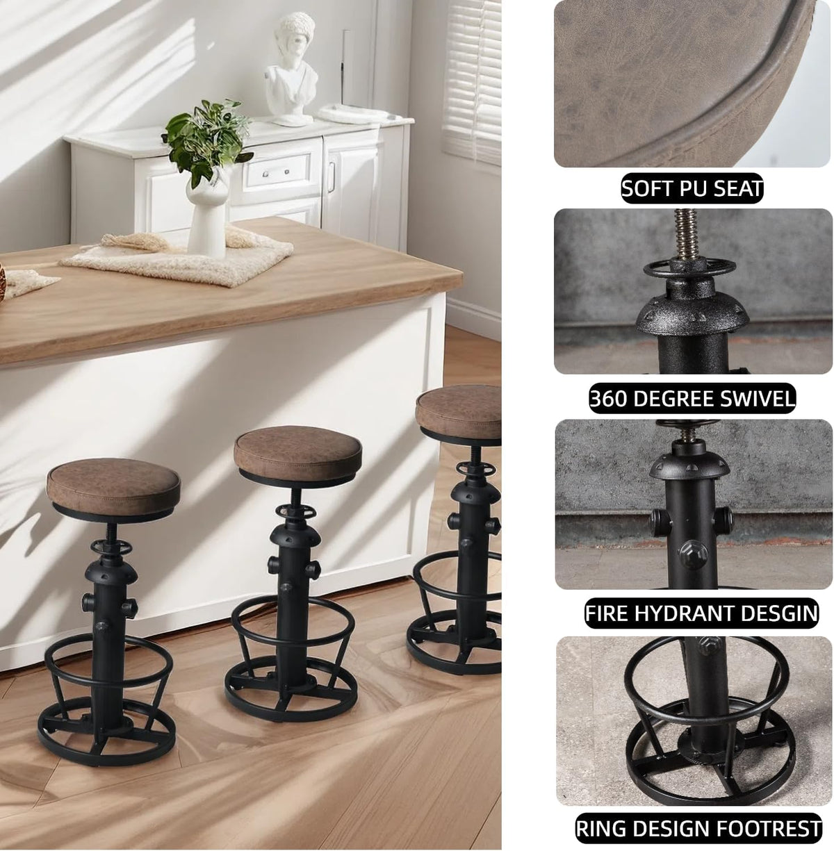 Industriële barkrukken-Swivel Pu Seat-Vintage Kitchen Island Kruk-Counter Bar Hoogte Verstelbaar 25-31 "Voetsteun
