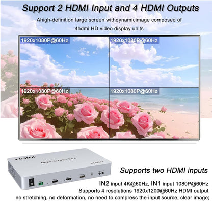 Video Wall Controller 2x2 4K60HZ, HDMI 2.0, 3840x2160@60Hz, 14 modi, remote & RS232-bediening, met out-audio en geheugen