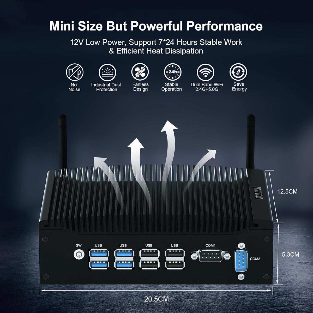 HISTTON Fanless Mini PC Industriële PC, Dual Core Core i5-8265U, DDR4 16GB RAM 512GB SSD, 2 RS232 COM, 2 LAN, 2 HD Dual Output, USB3.0, Dual WiFi, BT4.2, Mini Desktop PC, Windows 11 Pro Mini Computer