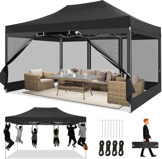 COBIZI Paviljoen, 3 x 4,5 cm, vouwpaviljoen, 3 x 4,5 m, waterdicht, stabiel, met 4 zijwanden, muggennet, partytent, opvouwbaar, pop-up tuinpaviljoen, anti-uv, voor tuin, zwart
