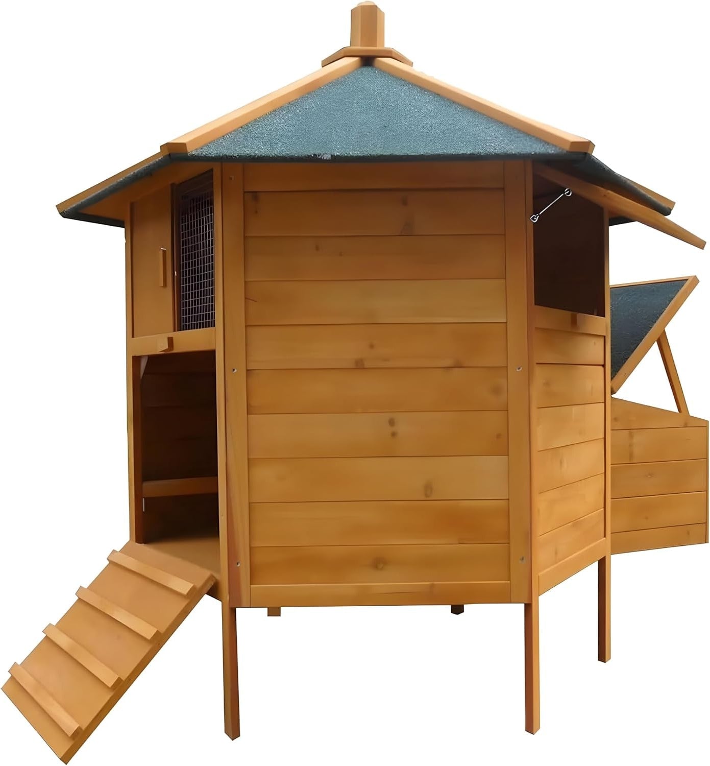 Kippenhok – Kippenren – Pluimveehok – Vogelnestkast – Kippenpaviljoen – Houten Constructie – Waterdicht Groen Dak – 131x125 cm – Inklapbare Trap Met Nestkast - QUORE