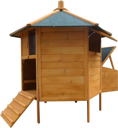 Kippenhok – Kippenren – Pluimveehok – Vogelnestkast – Kippenpaviljoen – Houten Constructie – Waterdicht Groen Dak – 131x125 cm – Inklapbare Trap Met Nestkast - QUORE