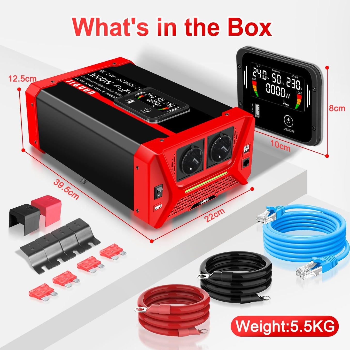 JIGUUN 3000W Omvormer 24V 230V Zuivere sinus Converter inverte met 2 EU stopcontacten & 3 USB+Tycp-C poorten, afneembare afstandsbediening en LCD display Piekvermogen 9000W