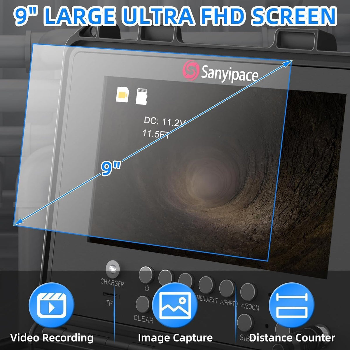 Sanyipace Kanaalinspectiecamera, HD buiscamera met meterteller, industriële endoscoopcamera met DVR-recorder, endoscoopcamera met 12 LED-licht, 9 "-1080p kleurenmonitor, 16 GB kaart inbegrepen, 50 m