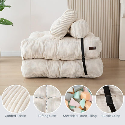 MAXYOYO Folding Sofa Bed, Convertible Sleeping Chair with Pillow, Mattress with Back Support, Portable Chair Bed, Comfortable Floor Sofa Lounge for Living Room, Bedroom, Beige