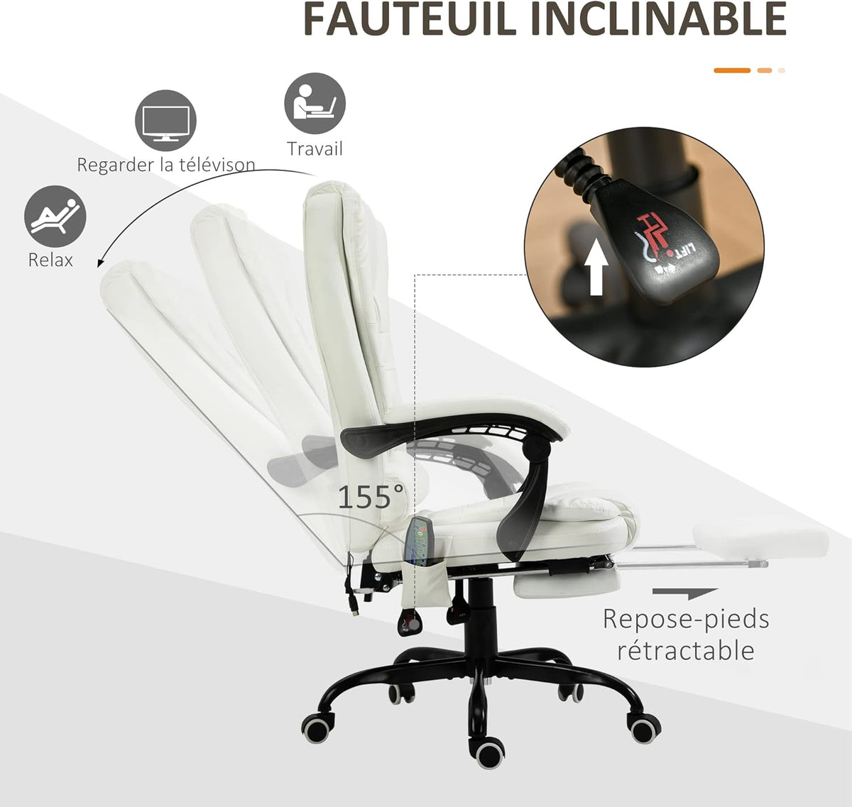 Vinsetto Massagestoel, bureaustoel, ergonomische stoel met verstelbare hoogte, rugleuning kantelbaar en bekabeld, voetensteun, 360° draaibaar, wit
